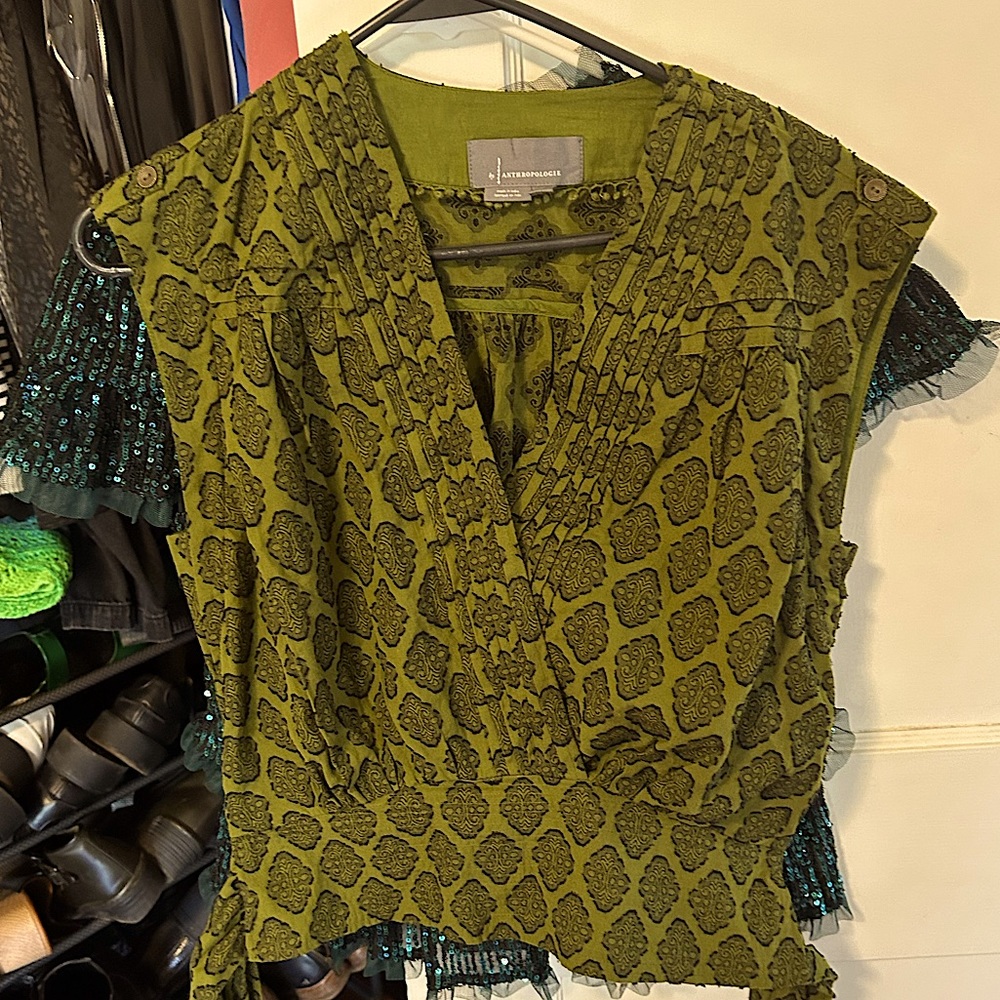 Anthropologie Olive Green Brocade Wrap Top